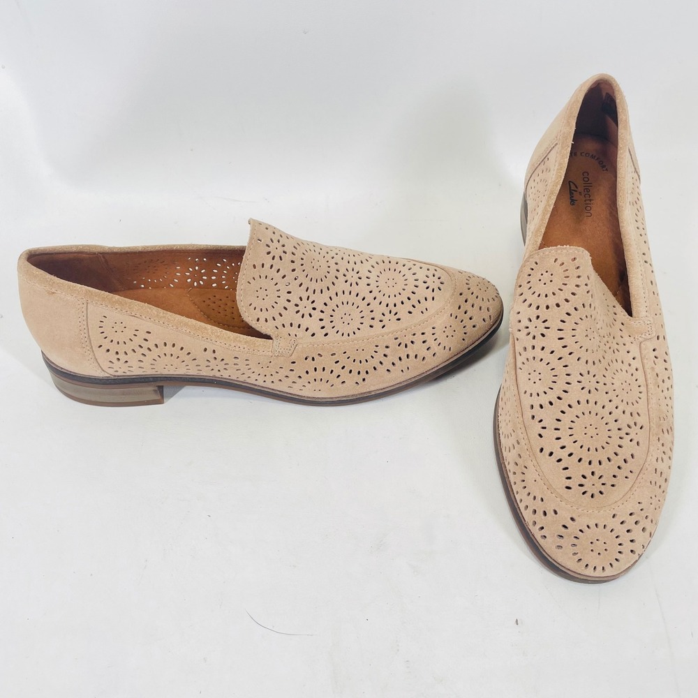Clarks Collection Pure Tone Tan Suede Perforated Loafers Womens 11 M
